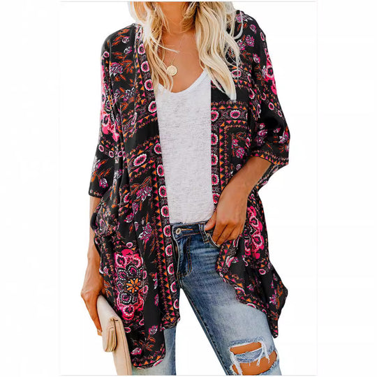 Damen luftiger Kimono mit floralem Muster und weitem Schnitt EB