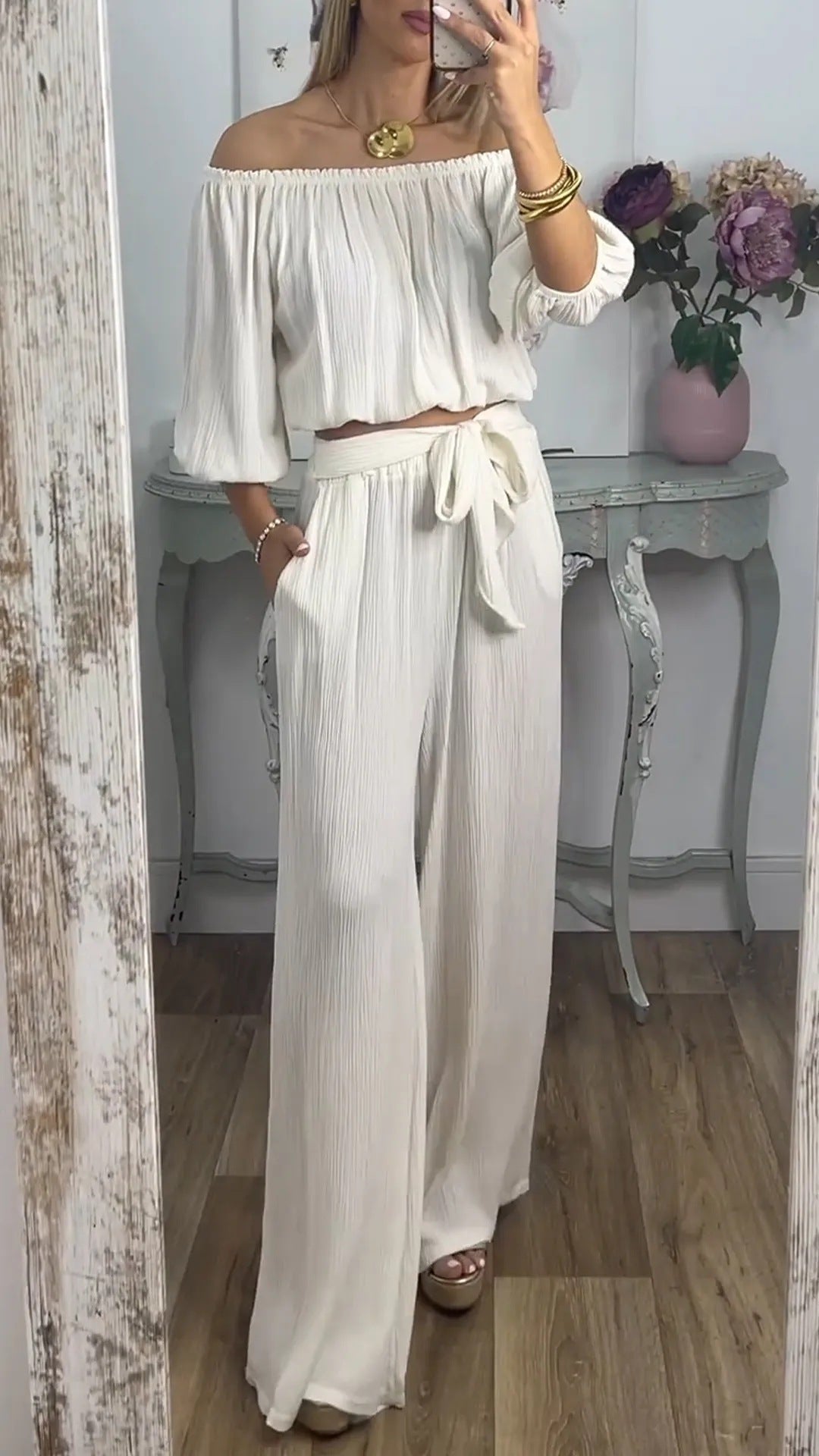 Damen Off-Shoulder Set mit weitem Hosen und taillierbarem Oberteil EB