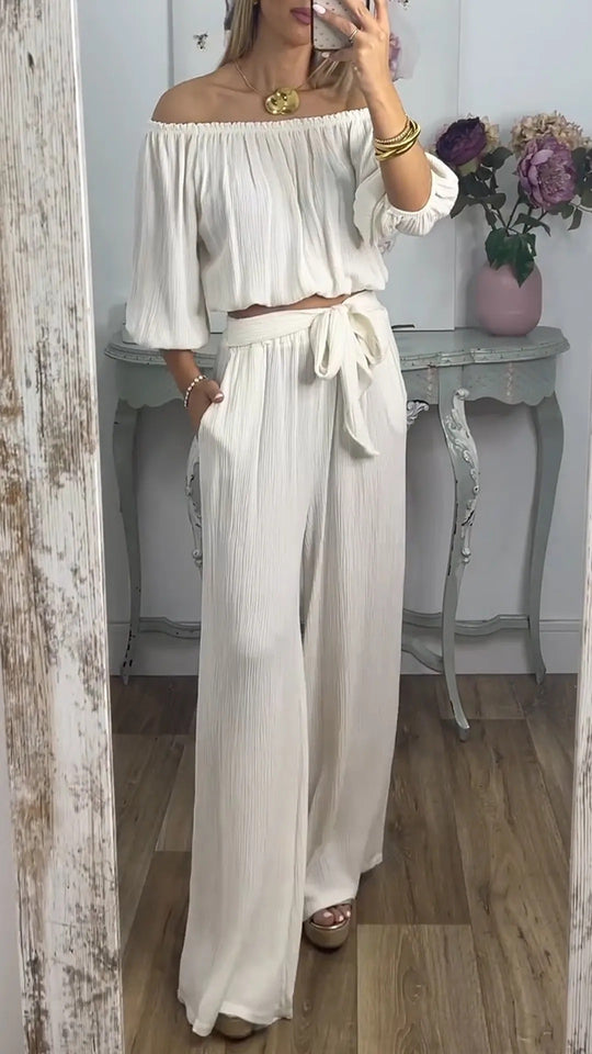 Damen Off-Shoulder Set mit weitem Hosen und taillierbarem Oberteil EB
