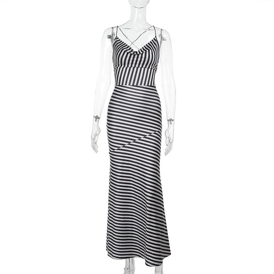 Damen Streifen-Maxi-Kleid mit elegantem Schnitt und verstellbaren Trägern EB
