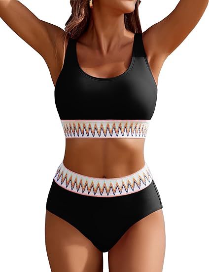 Damen Hochgeschnittener Sport-Bikini mit farbigem Bund EB