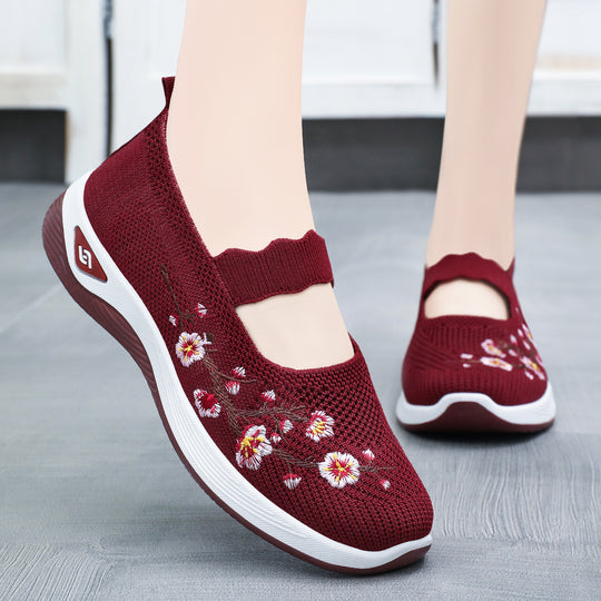 Damen nan bestickter gestrickter Slip-On Sneaker mit Mary-Jane Riemen und stoßdämpfender EVA-Sohle EB