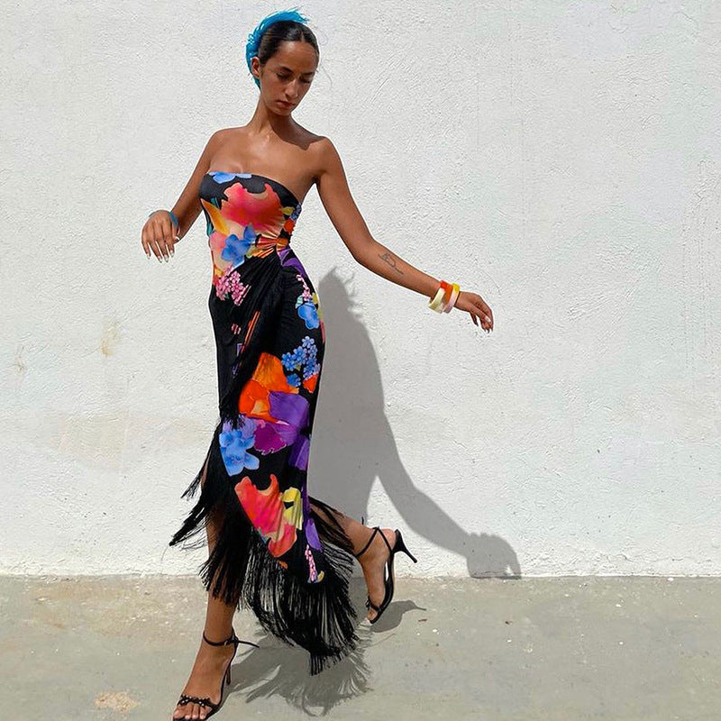 Damen Cocktailkleid mit raffinierten Fransen und floralem Print EB
