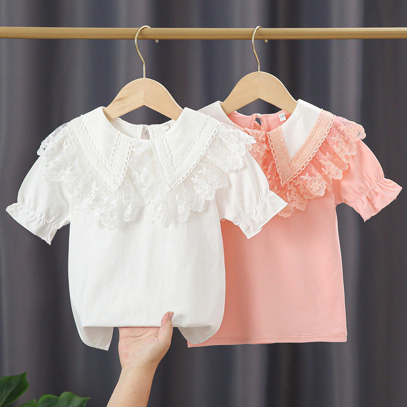 Mädchen Bluse mit Spitzenkragen und Rüschendetails EB