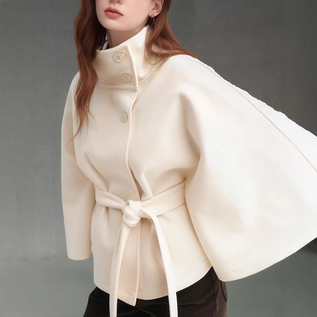 Damen moderne Cape-Jacke mit abnehmbarem Gürtel und hohem Kragen EB