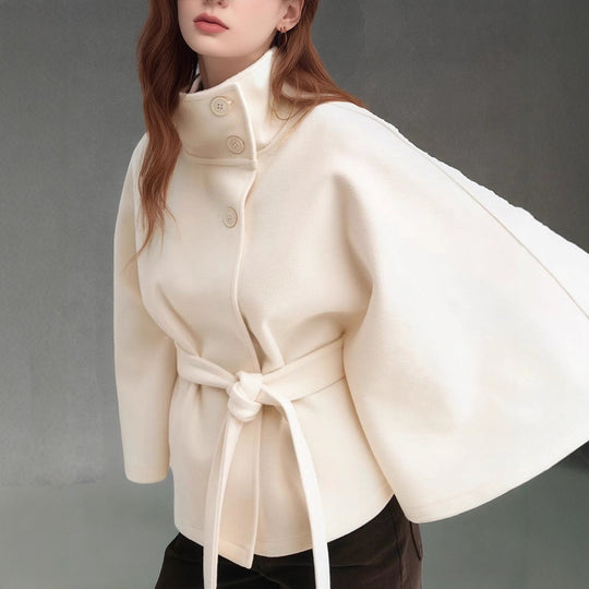 Damen moderne Cape-Jacke mit abnehmbarem Gürtel und hohem Kragen EB