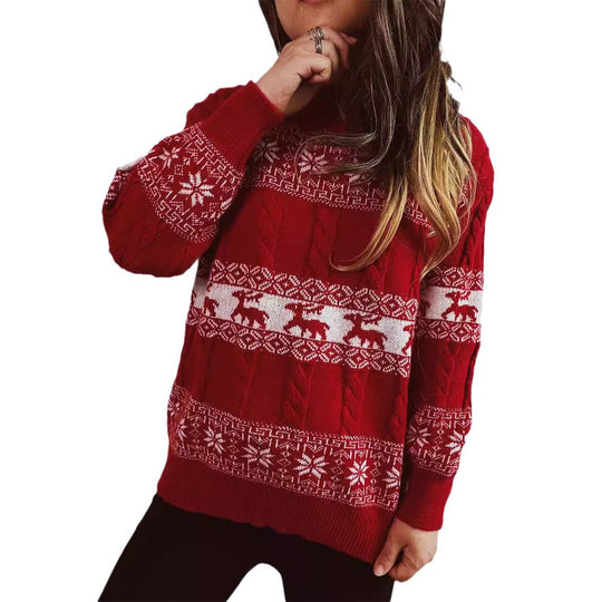 Damen Strickpullover mit festlichem Rentier-Motiv und Zopfmuster EB