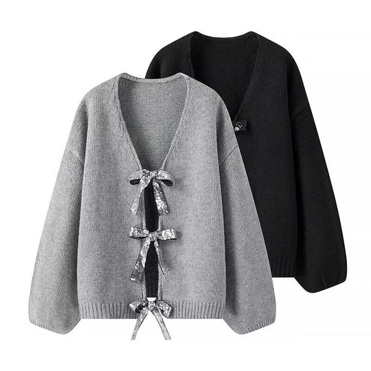Damen luftige Strickjacke mit Schimmerndem Bindegürtel EB