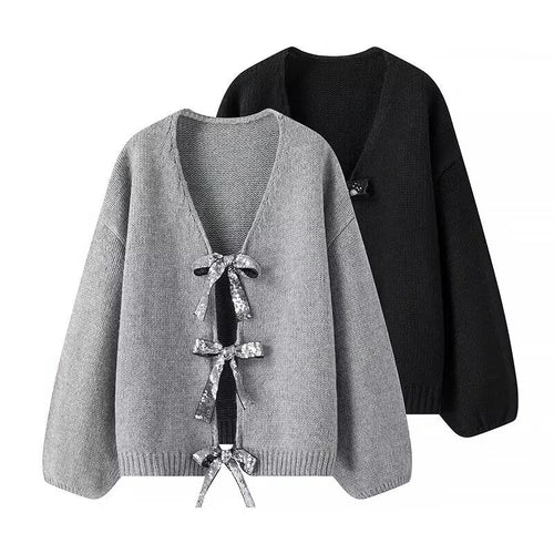 Damen luftige Strickjacke mit Schimmerndem Bindegürtel EB