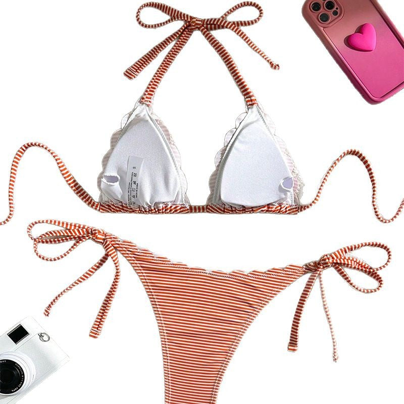 Damen Triangel-Bikini mit verspieltem Rüschendesign und Bindebändern EB