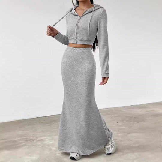 Damen lässige Cropped-Jacke mit Maxirock EB