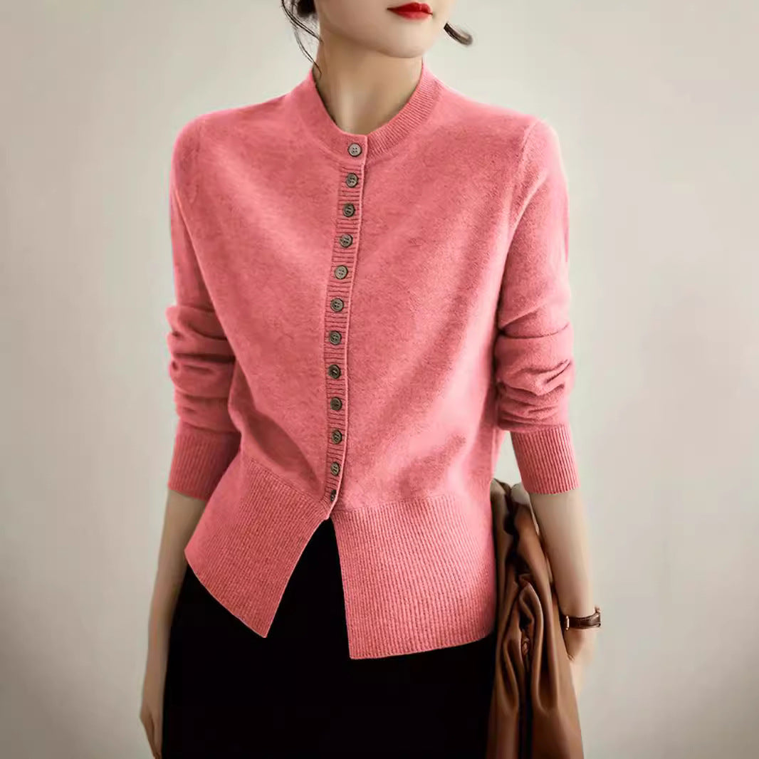 Damen modische Strickjacke mit Knopfleiste und Rippstrickdetails EB