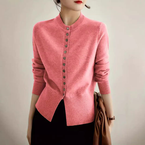 Damen modische Strickjacke mit Knopfleiste und Rippstrickdetails EB
