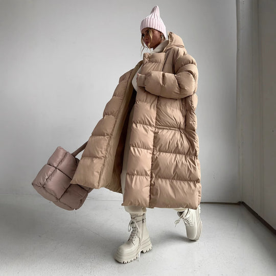 Damen Lange Steppjacke mit Kapuze und praktischem Reißverschluss EB