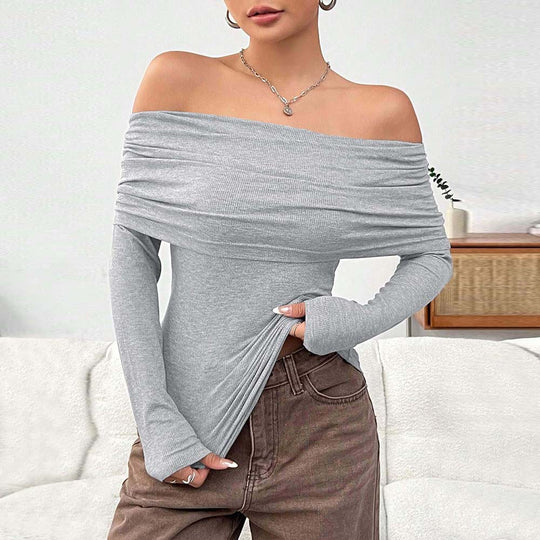Damen eng anliegendes Off-Shoulder Rippstrick-Longsleeve mit gerafftem Wasserfall-Ausschnitt und Daumenloch Eichborn Berlin