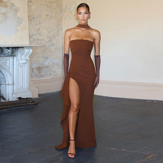 Damen Elegantes Wickelkleid mit hochgeschlossenem Design und kreativer Drapierung EB