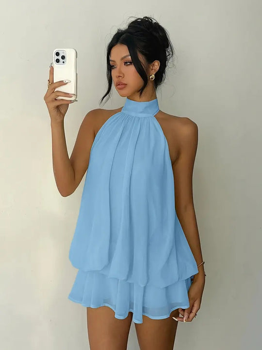 Damen lässiges Trägerkleid mit hochgeschlossenem Design und gerafftem Saum EB
