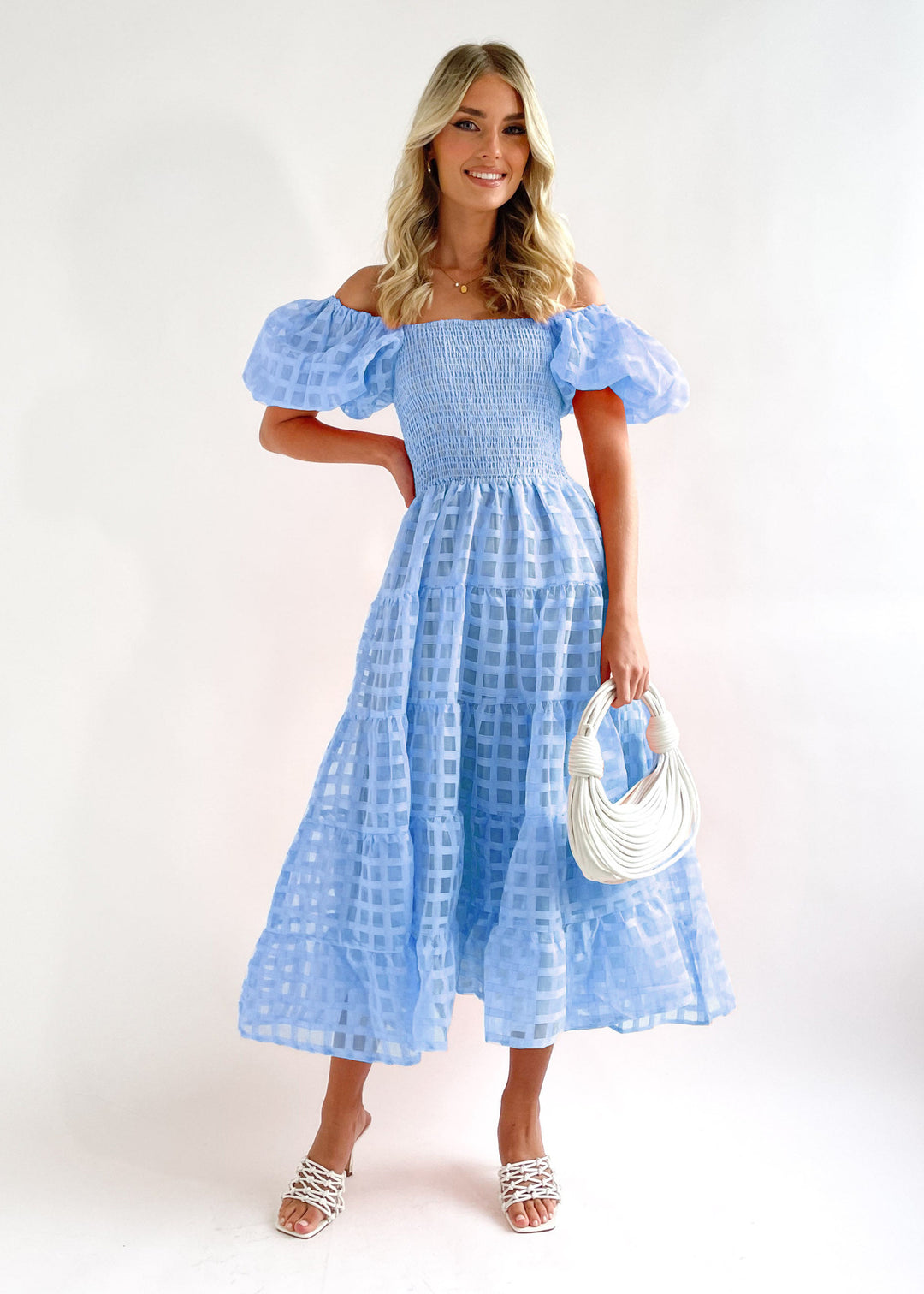 Damen Sommerliches Maxikleid mit voluminösen Puffärmeln und elastischem Taillenbereich EB