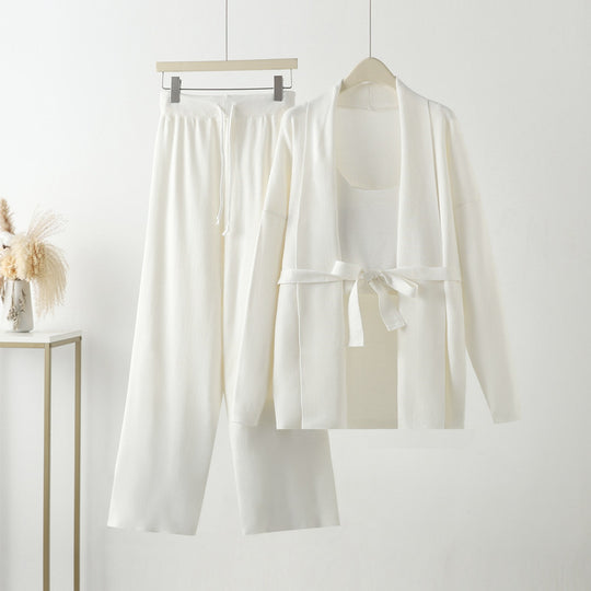 Damen gemütliches Freizeit-Loungewear-Set mit Bindegürtel und weitgeschnittenen Hosen EB