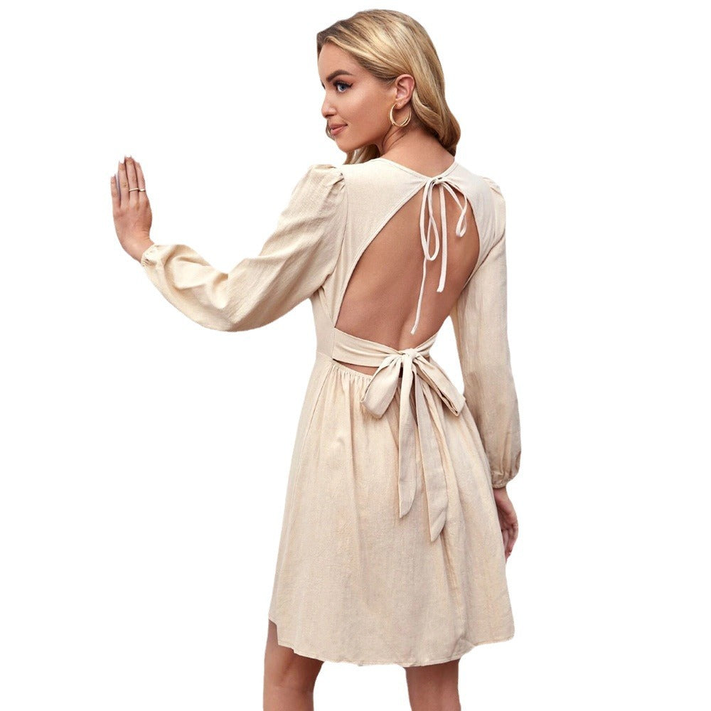 Damen rückenfreies A-Linien Kleid mit Taillenband, Neck-Tie und langen Ballonärmeln Eichborn Berlin