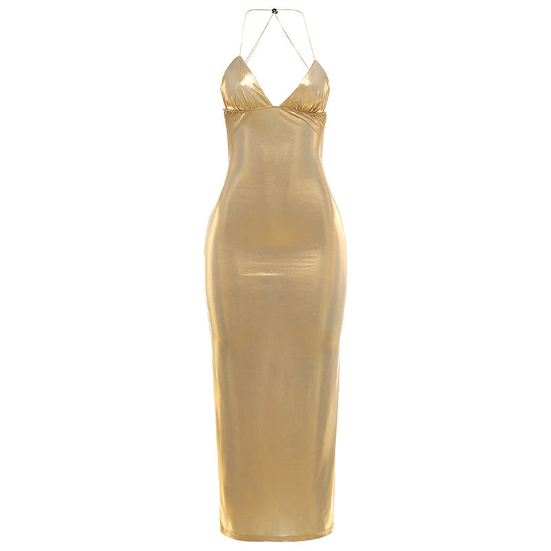 Damen Figurbetontes Maxikleid mit Spaghettiträgern und schimmernder Oberfläche EB