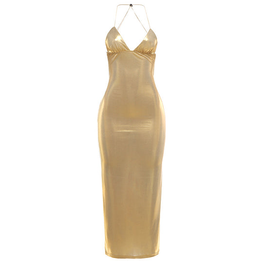 Damen Figurbetontes Maxikleid mit Spaghettiträgern und schimmernder Oberfläche EB
