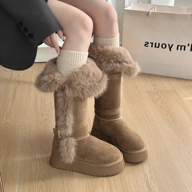 Damen kuschelige Winterstiefel mit weichem Kunstfellrand und modischen Schnallen EB