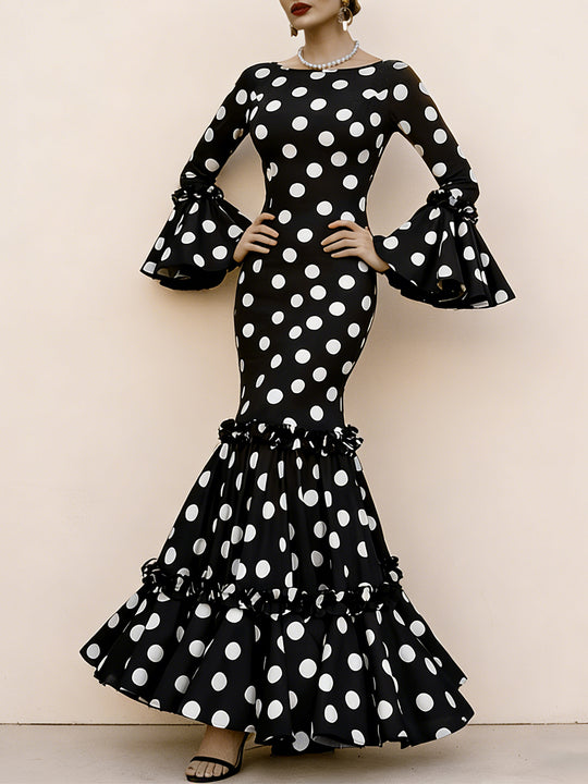 Damen Elegantes Maxikleid mit auffälligem Volant und Polka-Dots EB