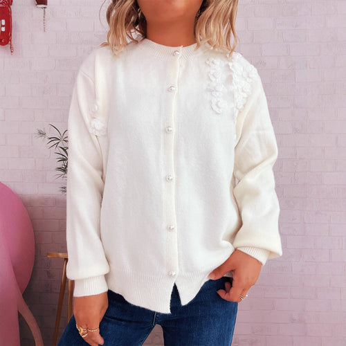 Damen Strickjacke mit floralem Design und eleganten Perlenknöpfen EB
