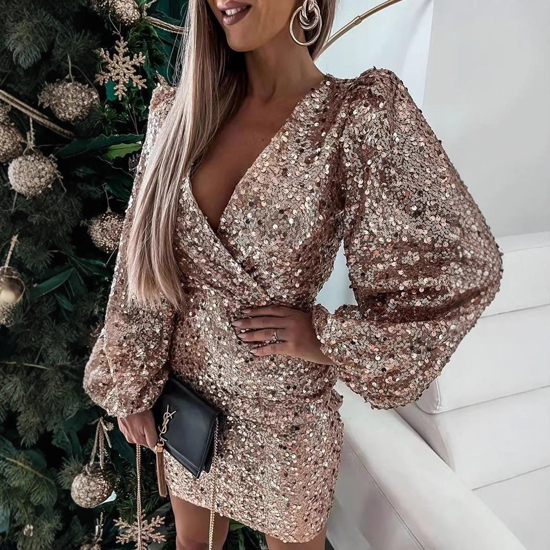 Damen Glitzerndes Minikleid mit Ballonärmel und Wickeloptik EB