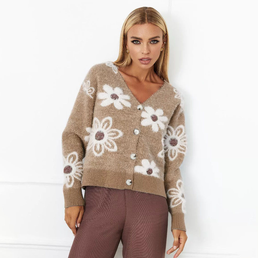 Damen Modische Strickjacke mit Blumenmuster EB