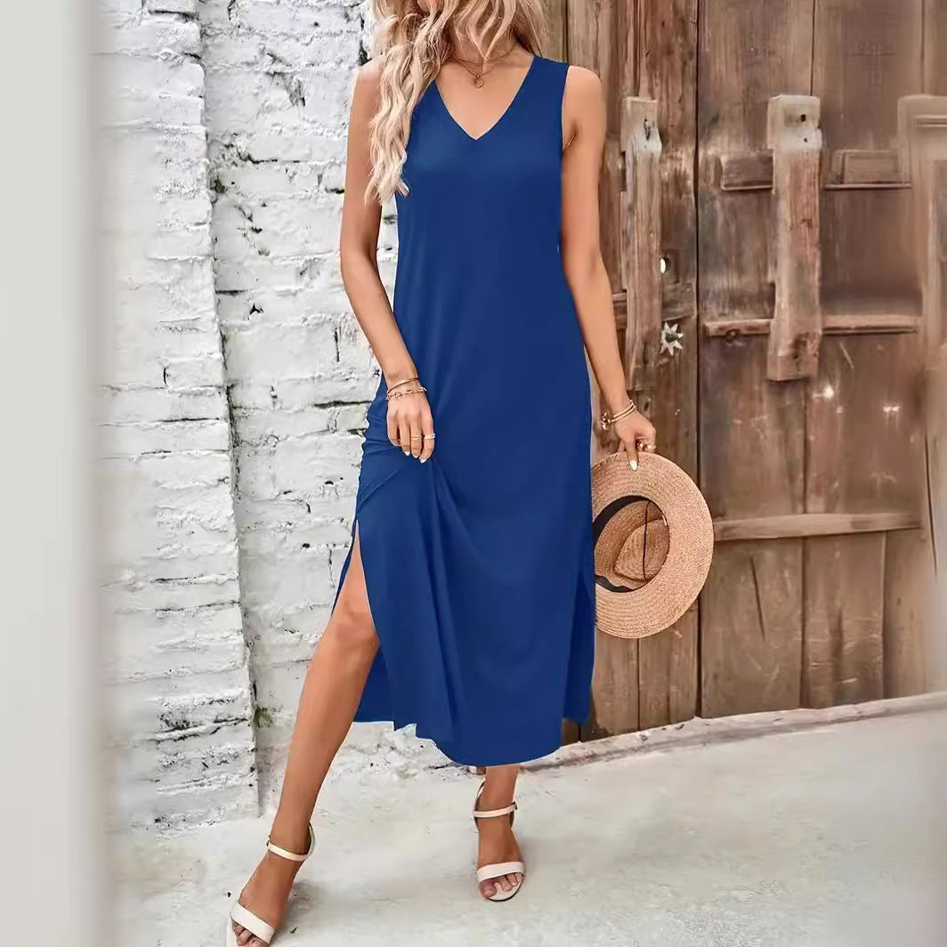 Damen Maxikleid mit V-Ausschnitt und seitlichem Schlitz EB