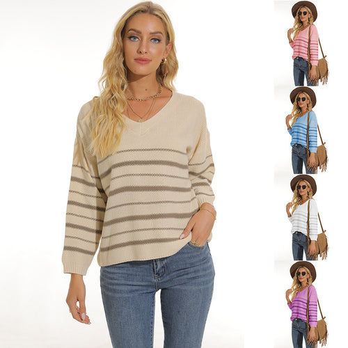 Damen lässiger Pullover mit modernem Streifenmuster und V-Ausschnitt EB