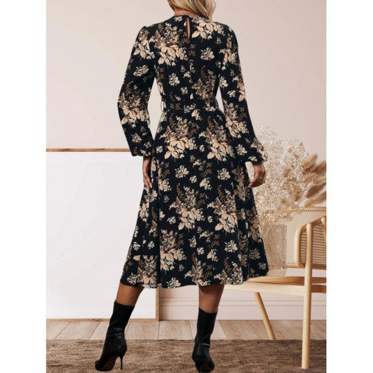 Damen Midikleid mit floralen Details und Taillengürtel EB