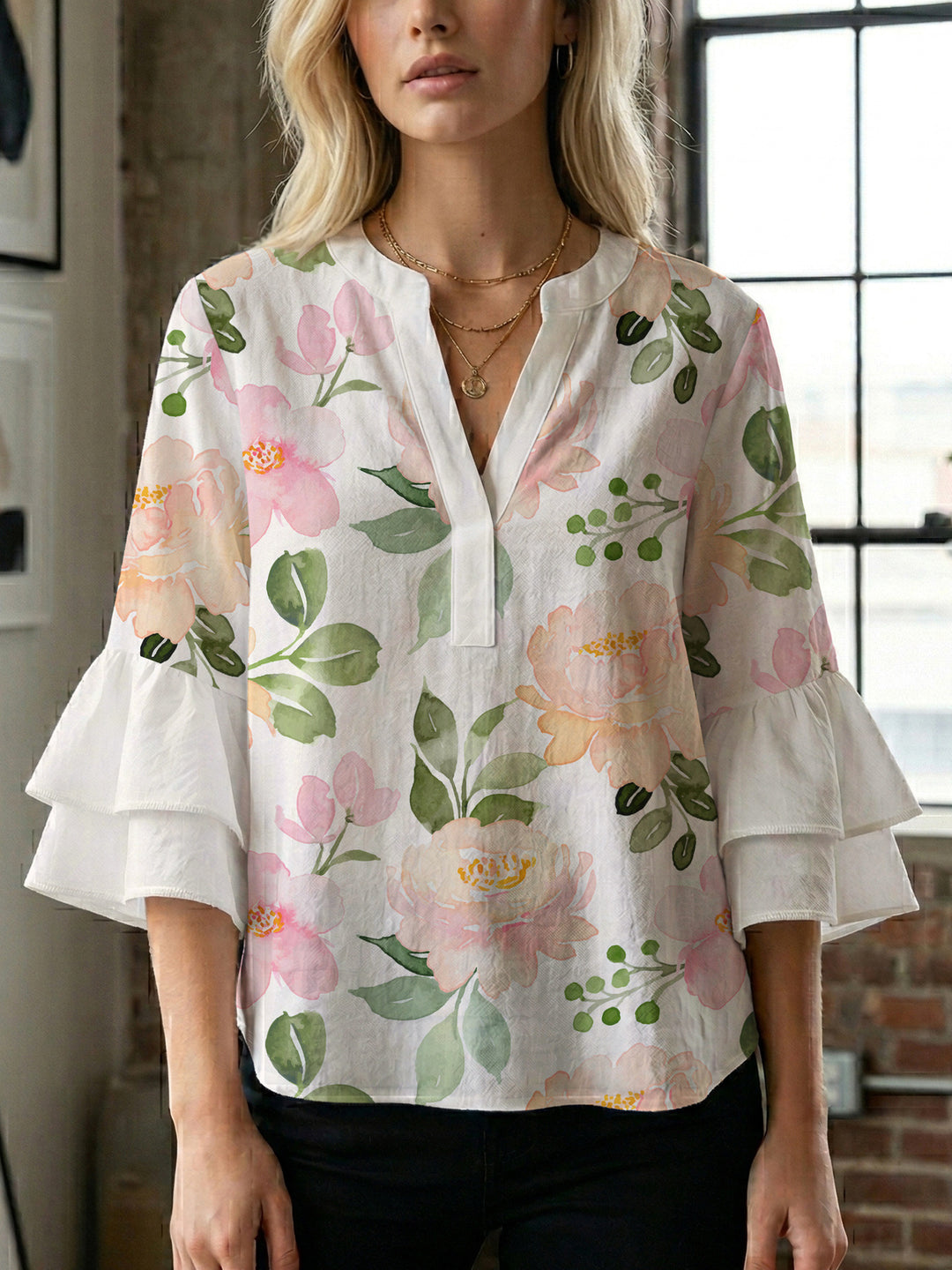 Damen elegantes Blusenshirt mit voluminösen Rüsenärmeln und grafischem Blumendesign EB