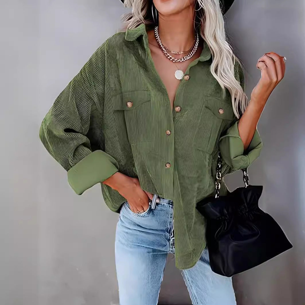 Damen lässige Kordjacke mit praktischen Taschen und Knopfdetails EB