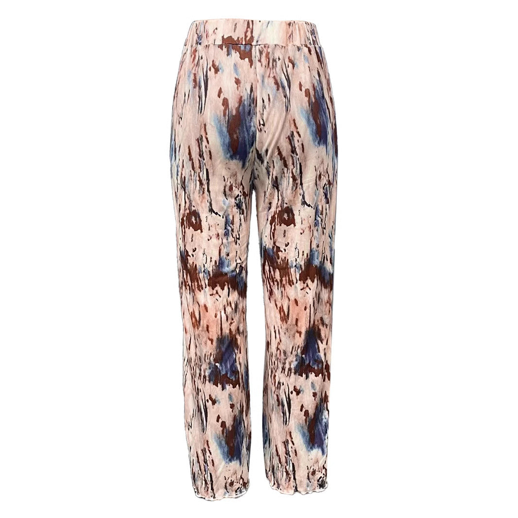 Damen Plissee-Hose mit buntem Muster und elastischem Bund EB