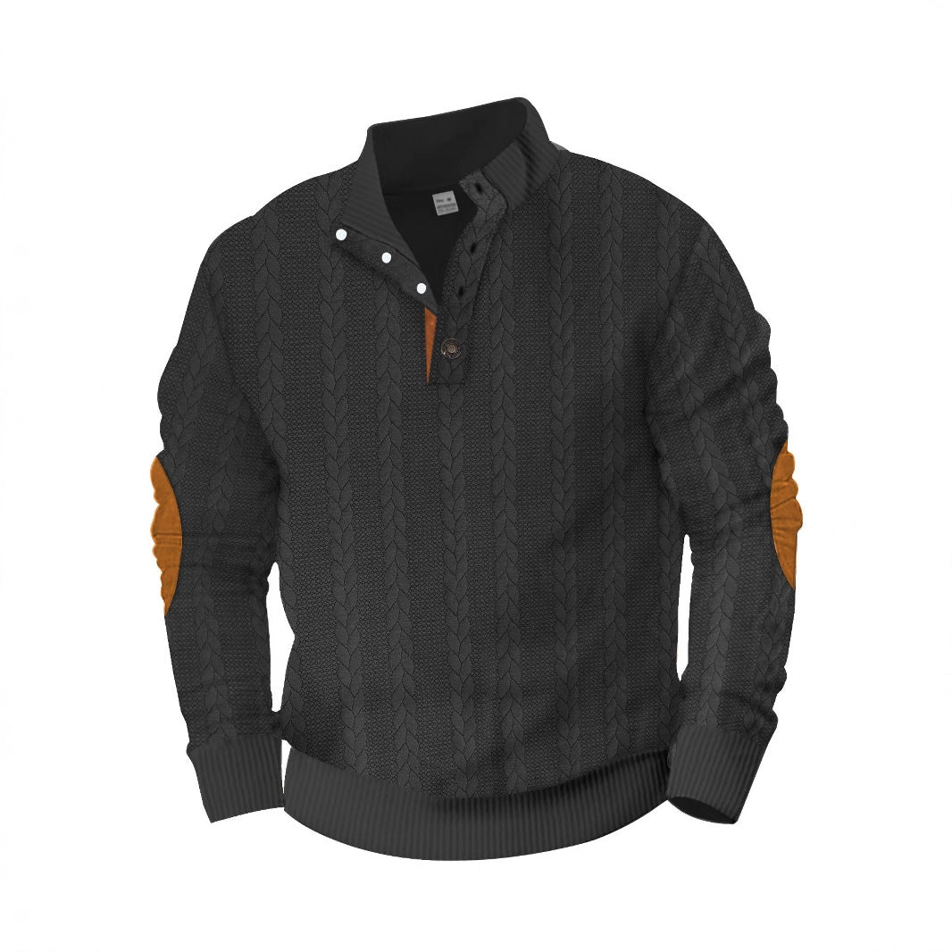Herren nan lässiger Zopfstrickpullover mit verstärkter Knopfleiste und Wildleder-Ellenbogenpatches EB