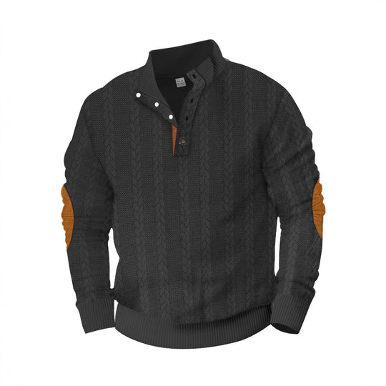 Herren nan lässiger Zopfstrickpullover mit verstärkter Knopfleiste und Wildleder-Ellenbogenpatches EB