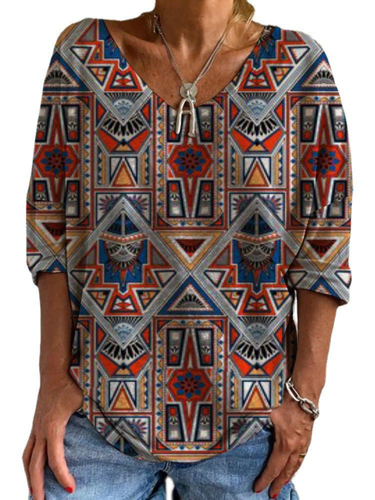 Damen Geometrische Boho-Tunika mit V-Ausschnitt und dreiviertelärmeln EB