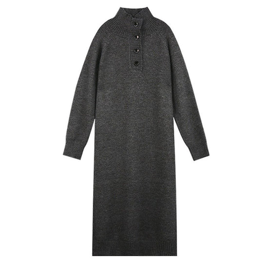 Damen Strickkleid mit Knopfverschluss und hohem Kragen EB