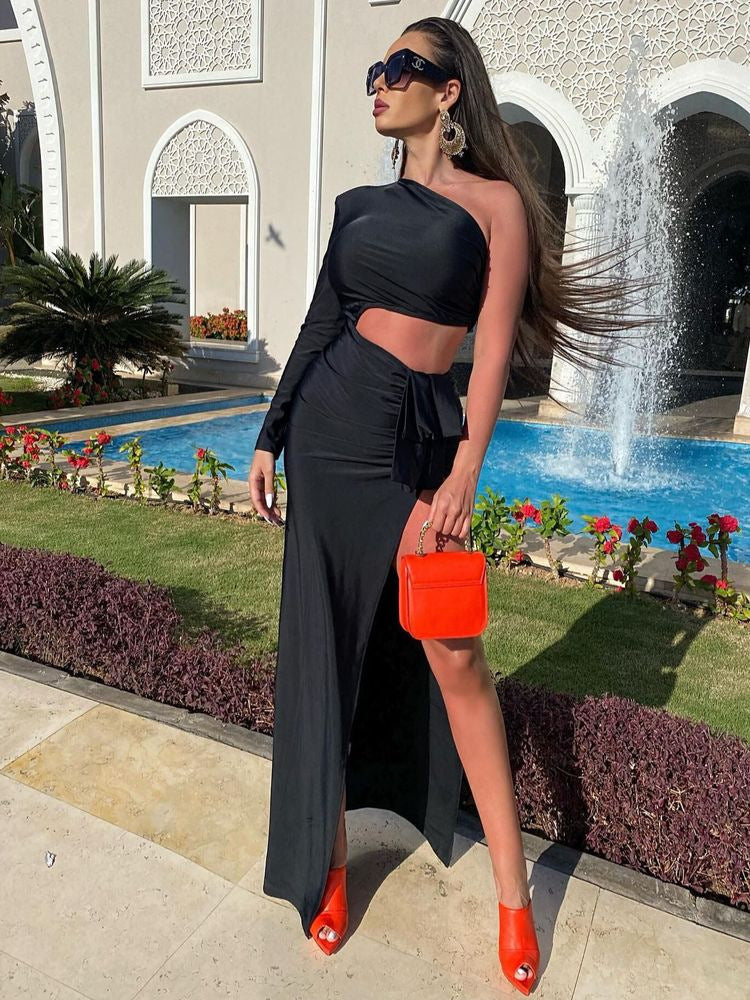 Damen Wickelkleid mit asymmetrischem Ausschnitt und dramatischem Schlitz EB