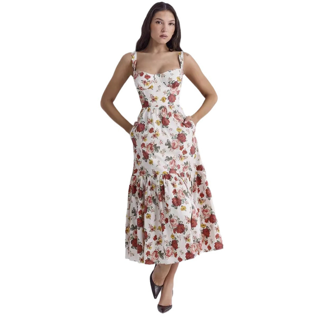 Damen Maxikleid mit floralem Print und voluminösem Rock EB