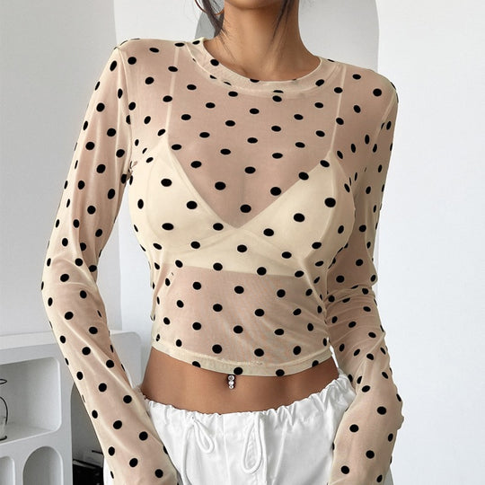 Damen Transparente Langarmbluse mit Punkten EB