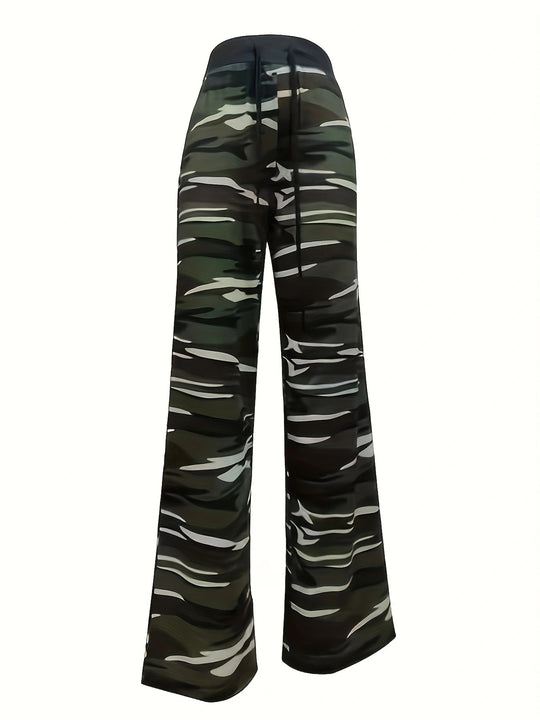 Damen lässige Freizeithose mit elastischem Bund und Camouflage-Design EB