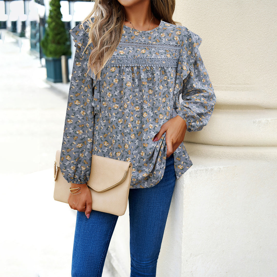 Damen nan romantische Hemdblusenbluse mit Spitzenborte, Volantärmel und lockerer Tunika-Silhouette EB