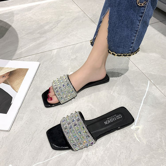 Damen elegante Riemchen-Pantoletten mit funkelndem Strass EB