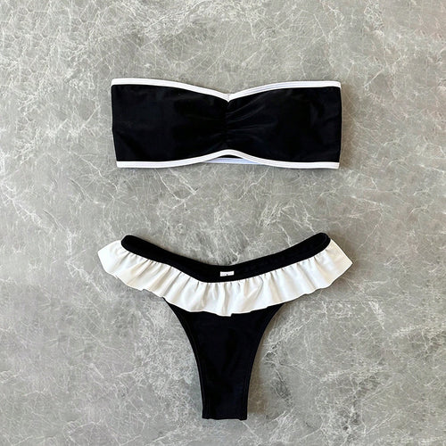 Damen Bandeau-Bikini mit schickem Rüschensaum EB