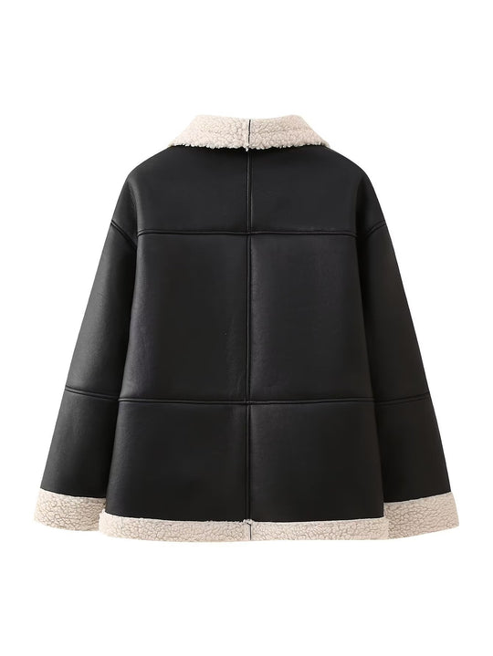 Damen Kunstlederjacke mit kuscheligem Innenfutter und hohem Kragen EB