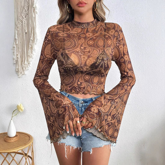 Damen nan transparentes Paisley-Netz-Kurzoberteil mit Stehkragen, Trompetenärmeln und gewelltem Saum EB